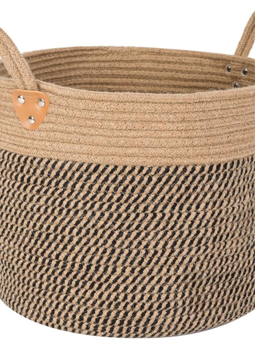Wicker Storage Basket with Leather Handles, 14" x 12", Black